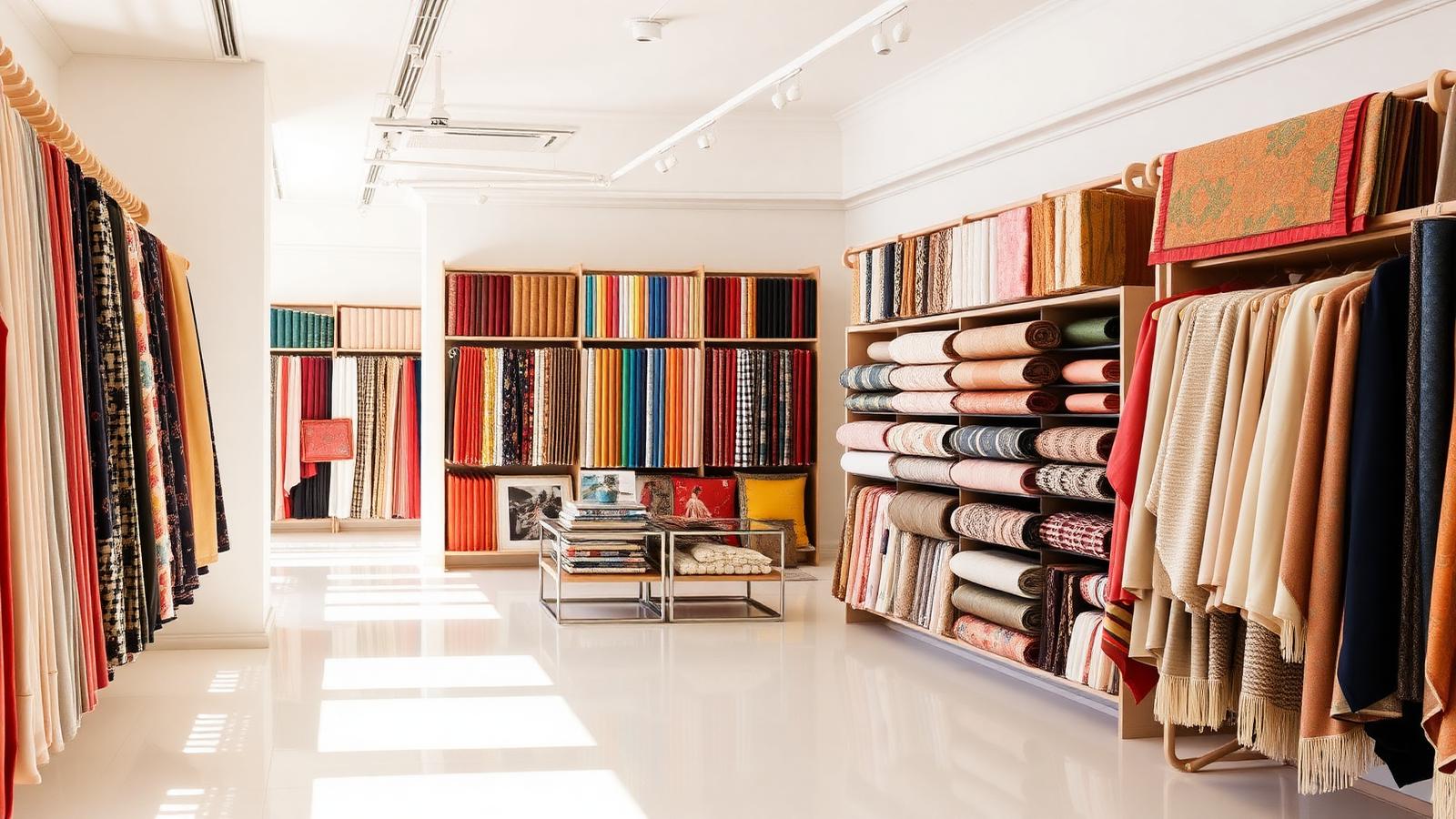 Showroom of colorful fabrics hanging